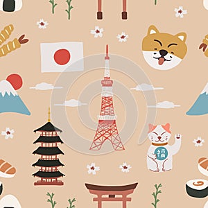 Japanese Miniature Illustration, Pagoda, Meiji Shrine, Mount Fuji, Tokyo Tower, Maneki Neko Writtern Happiness And Sushi Illustrat