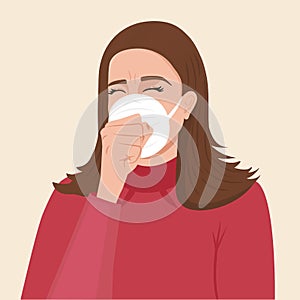 Woman covers her mouth when she cough vector illustration. COVÃÂ°D-19. Woman coughs with face mask photo