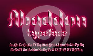 Abaddon alphabet font. Glowing letters and numbers in heavy metal style. Uppercase and lowercase.