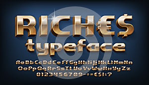 Riches alphabet font. 3D golden letters, numbers and punctuations. Uppercase and lowercase. photo