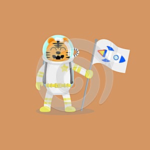 Illustration vector cartoon of cute tiger astronaut holding a flag with spaceship logo