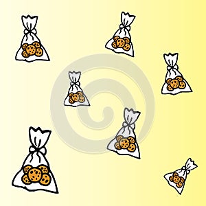 Cookies in the sweet bag, plastic wrapping, ribbon and bow. chocolated cookies. simple package for kids. sweet dessert. hand drawn photo