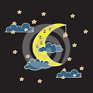Yellow crescent moon with blue clouds with orange stars. night view background. bed time. time for sleep. hand drawn. white outlin photo