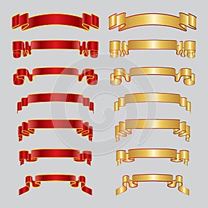 Abstract Vector set of Vintage Banner Ribbon. Realistic Red and gold Shiny Scroll Frame Template