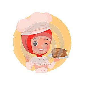 Cute Female hijab chef holding a chicken meal with tasty hand gesture logo. photo