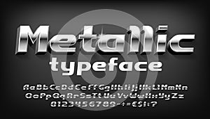 Metallic alphabet font. 3D bold metal letters, numbers and punctuation with shadow. photo