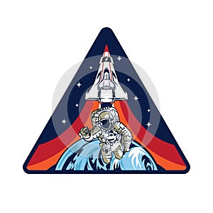 Flight patch badge design with astronaut and space ship
