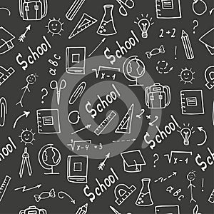 A set of school accessories. Hand-drawn seamless pattern of study supplies. White elements on a black background