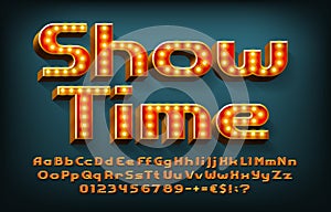 Show Time alphabet font. 3D letters, numbers and symbols with light bulbs.