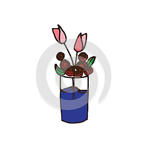 Tulip with green leaf in the glass jar illustration on white background. beautiful flower, hand drawn vector. glass jar with water