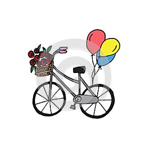 Cute bicyle with flower in the basket and colorful balloons. vintage bicyle illustration on white background. hand drawn vector. d