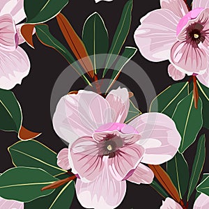 Seamless floral pattern with pink tropical magnolia flowers with leaves on bleck background.