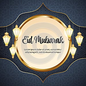Eid Mubarak greeting card template decorated with hanging lantern.