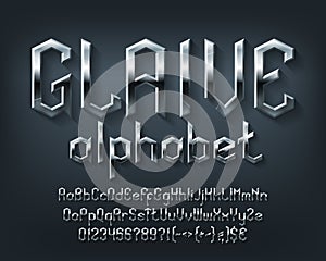 Glaive alphabet font. Scratched metal medieval letters, numbers and symbols.