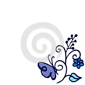 Beautiful floral pattern on white background. blue outline, hand drawn vector. blue flower with leaf and butterfly. swirl and curv photo