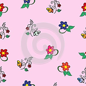Seamless pattern with beautiful flower and butterfly on pink background. colorful flower with green leaf illustration. hand drawn