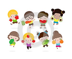 Group of Happy kids with vegetables and fruits, Cute cartoon children eating broccoli, carrot, tomato, Chinese cabbage, avocado