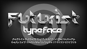 Futurist alphabet font. 3D metal letters, numbers and punctuation with shadow. photo