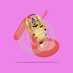 PrintIllustration vector graphic cartoon of cute tiger sleeps while listening to music