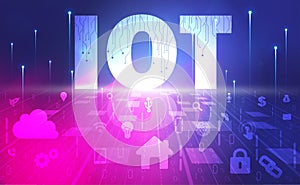 IOT Internet of things abstract background concept, Digital technology banner pink blue background binary code, abstract tech ai