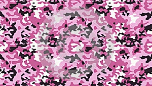 Fashionable pink camouflage pattern. Military fabric design. Seamless  background, masking clothing, camo repeat print. Vector