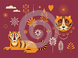 Tiger illustration and decor floral design elements set.