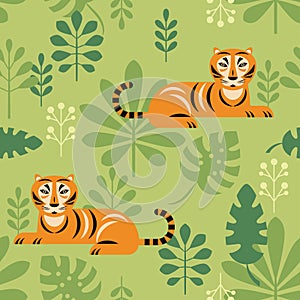 Seamless pattern with tigers and tropical leaves