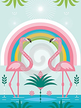 Pink flamingo and  rainbow. Summer time. Vector illustration