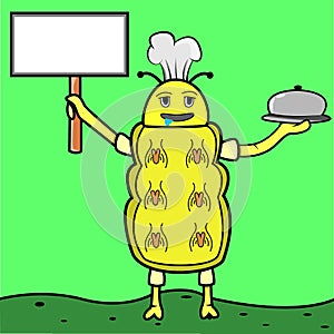 Vector Of Yellow Drool Caterpillar with Blank Name Plate and Fast Food, Green Background