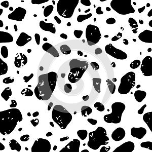 Cow skin, seamless texture. Grunge aged pattern. Black spots on white background. Animal print. Vector