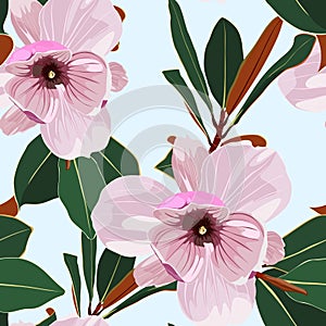 Seamless floral pattern with pink tropical magnolia flowers with leaves on blue background.