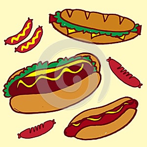 Set of fast food illustration. sandwich, hotdog and grilled sausage. delicious food with lettuce, cheese and mustard. hand drawn v