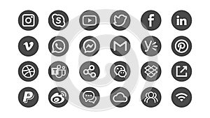 Social media Icons on circles Black and white vector set