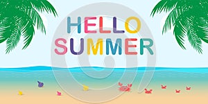 Hello summer banner template. summer time text and beach island background with tropical season element like palm trees for relax