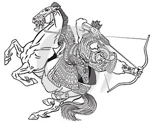 Mongol archer warrior on a horseback. Black and white