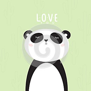 Print. Vector card with cute cartoon panda on a green background 