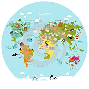 Print. Vector map of the world with cartoon animals for kids.