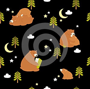 Print. Vector black background with bears. Wild animals pattern.