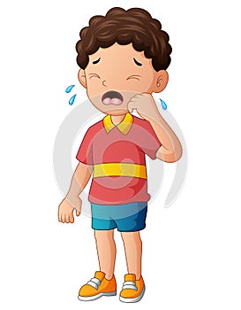 A young boy crying on a white background