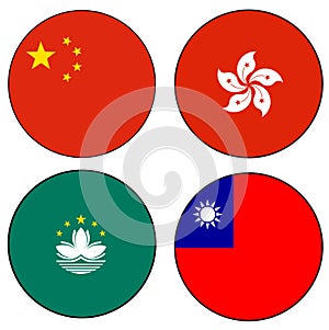 Flags of People`s Republic of China and Territories Taiwan, Hong Kong and Macau Circle Icon Set.