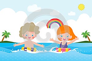 Hello summer banner template of Cute kids in swimming and rubber ring in the sea. children cartoon floating on inflatable