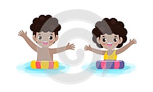 Summer banner template of Cute ids in swimming nd rubber ring in the pool. children cartoon floating on inflatable in summer time