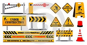 Set of road barrier highway sign or under construction site warning or barricade block highway street concepts photo