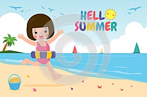 Hello Summer, Happy kids in swimming clothes with inflatable toys on beach, children with inflatable buoy jumping into swimming
