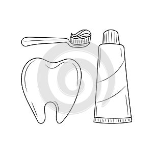 Tooth paste, tooth brush and teeth Thin line vector illustration