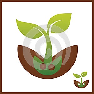 Planting seed sprout in ground. Symbol grow sapling. Green fresh plant sprout with roots vector illustration.