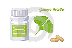 Ginkgo biloba capsules isolated on white background. Vector bottle of pills and green leaf.