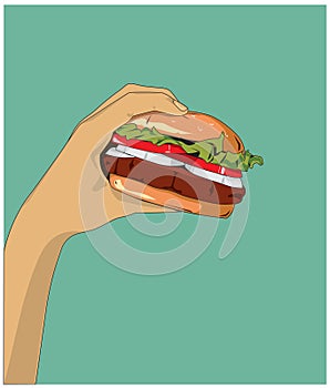 Hand holding burger to other hand pop art illustration vector