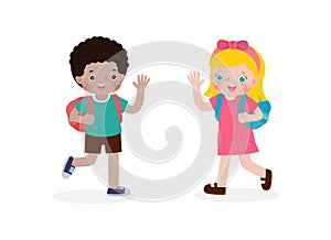 African American children with the backpack saying goodbye to caucasian kids Cartoon characters Boy and Girl school kids photo