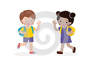 African American children with the backpack saying goodbye to caucasian kids Cartoon characters Boy and Girl school kids